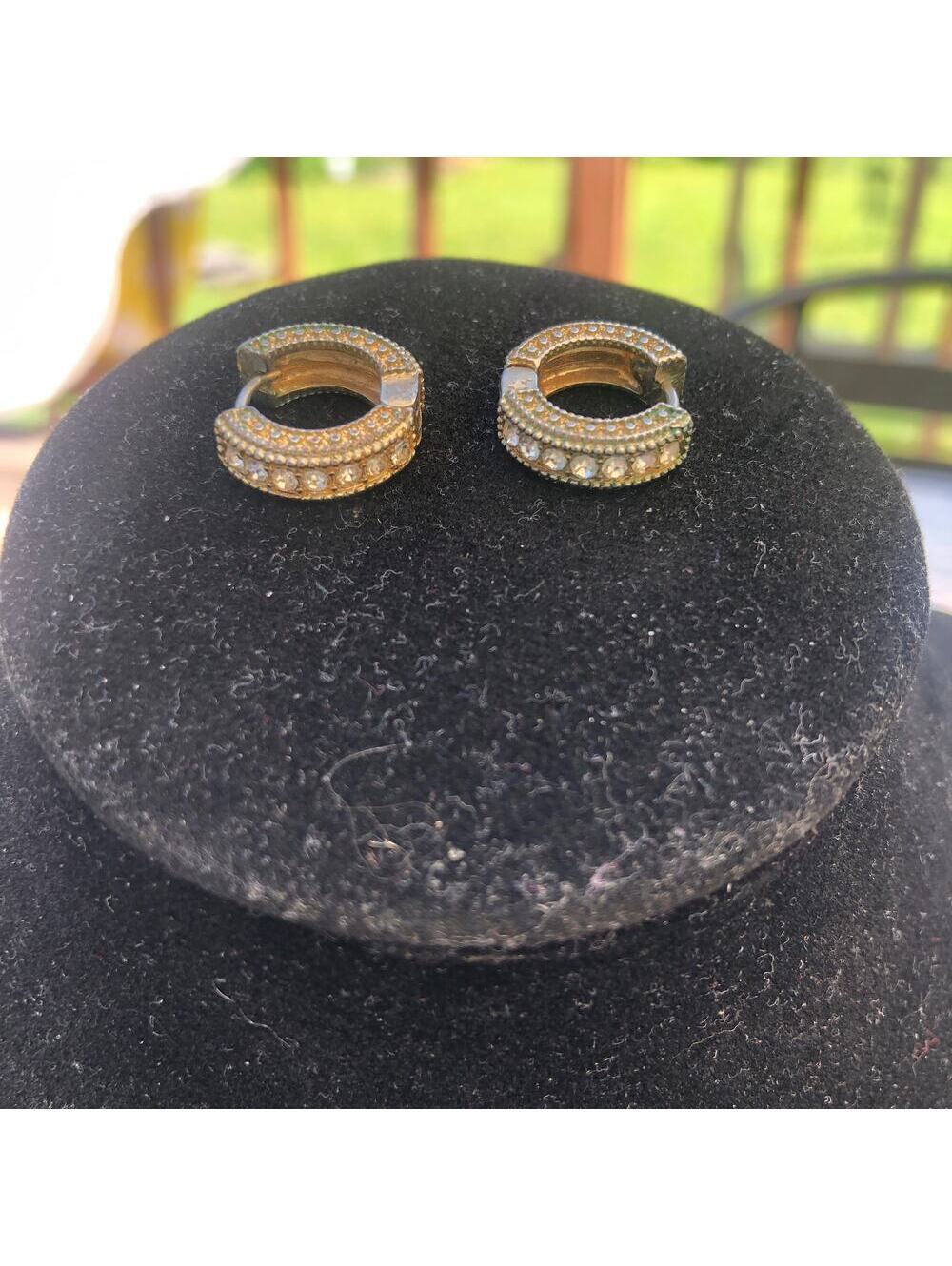 Vintage Gold Tone Huggie Hoop Earrings with Rhinestone Embellishment